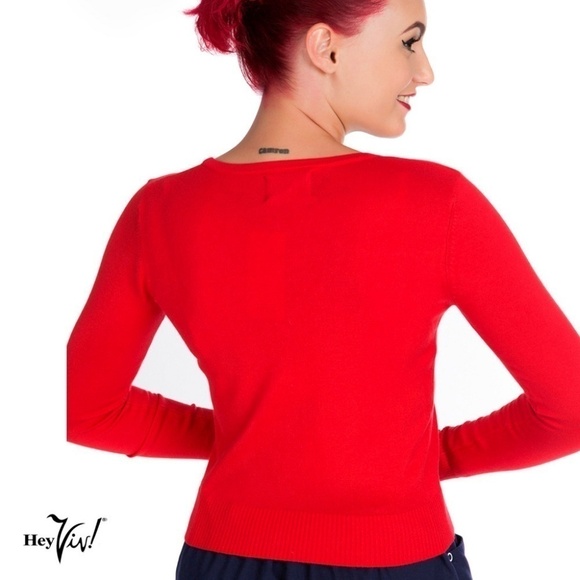 Red Fitted Cardigan Sweater w Rose Print V Neck Button Up Size Small - Hey Viv - Picture 2 of 4